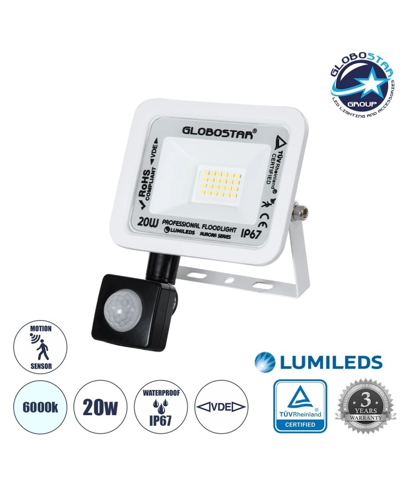 GLOBOSTAR® AURORA 61438 Προβολέας με Ανιχνευτή PIR - Αισθητήρα Κίνησης LED 20W 2500lm 120° AC 220-240V Αδιάβροχο IP67 Ψυχρό Λευκό 6000K - Lumileds SMD Chip - TÜV Rheinland Certified - Λευκό Ματ - Μ12 x Π5 x Υ14.5cm - 3 Χρόνια Εγγύηση